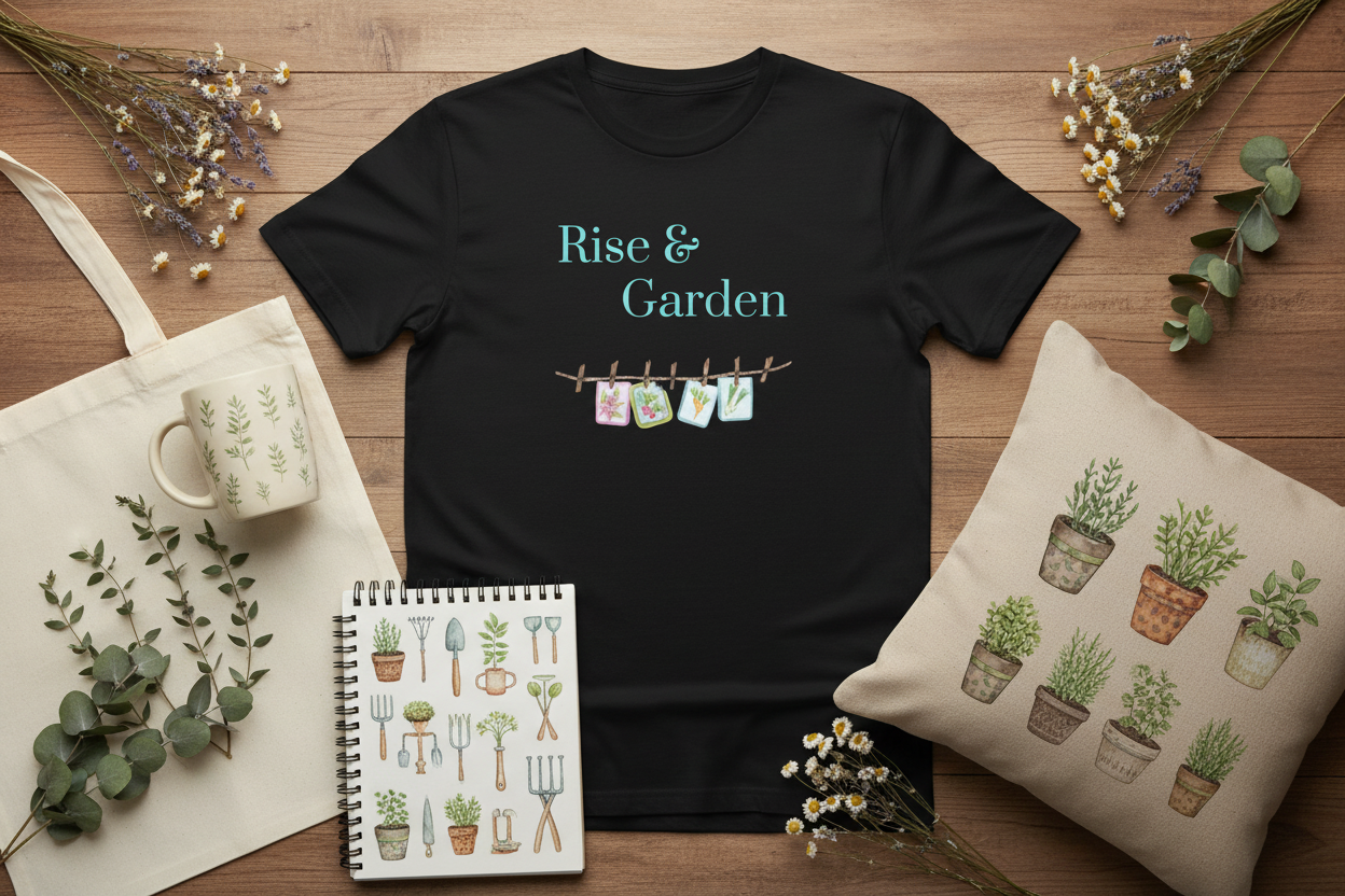 A black short-sleeve graphic T-shirt laid flat on a wooden surface, surrounded by styled props including a cream tote bag, a mug, a small notebook with gardening illustrations, a pillow with potted plants, and dried flowers. The shirt reads 'Rise & Garden' in teal above a small clothesline graphic with colorful tags.