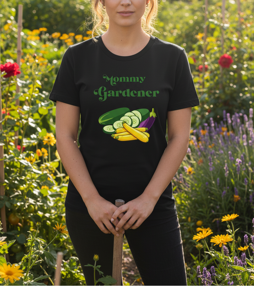 A woman wearing a black graphic t-shirt that reads 'Mommy Gardener' with illustrations of zucchini and eggplant, standing in a sunny garden holding a garden tool.