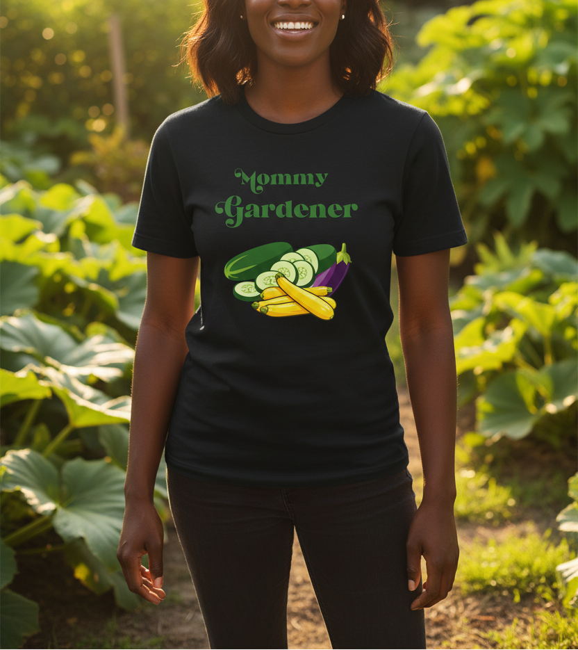 A woman wearing a black graphic t-shirt that reads 'Mommy Gardener' with a vegetable illustration, standing in a sunny garden with green plants in the background.