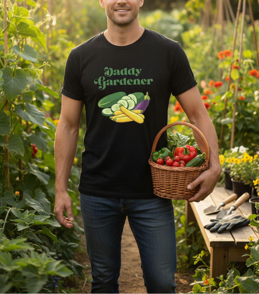 A man wearing a black graphic t-shirt that reads 'Daddy Gardener' with illustrations of vegetables, standing in a garden and holding a wicker basket filled with fresh vegetables.