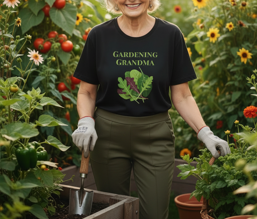 A smiling woman in a garden wearing a black graphic T-shirt that reads 'GARDENING GRANDMA' with a leaf illustration, olive green pants, and white gardening gloves, standing beside a raised garden bed with a small hand trowel.