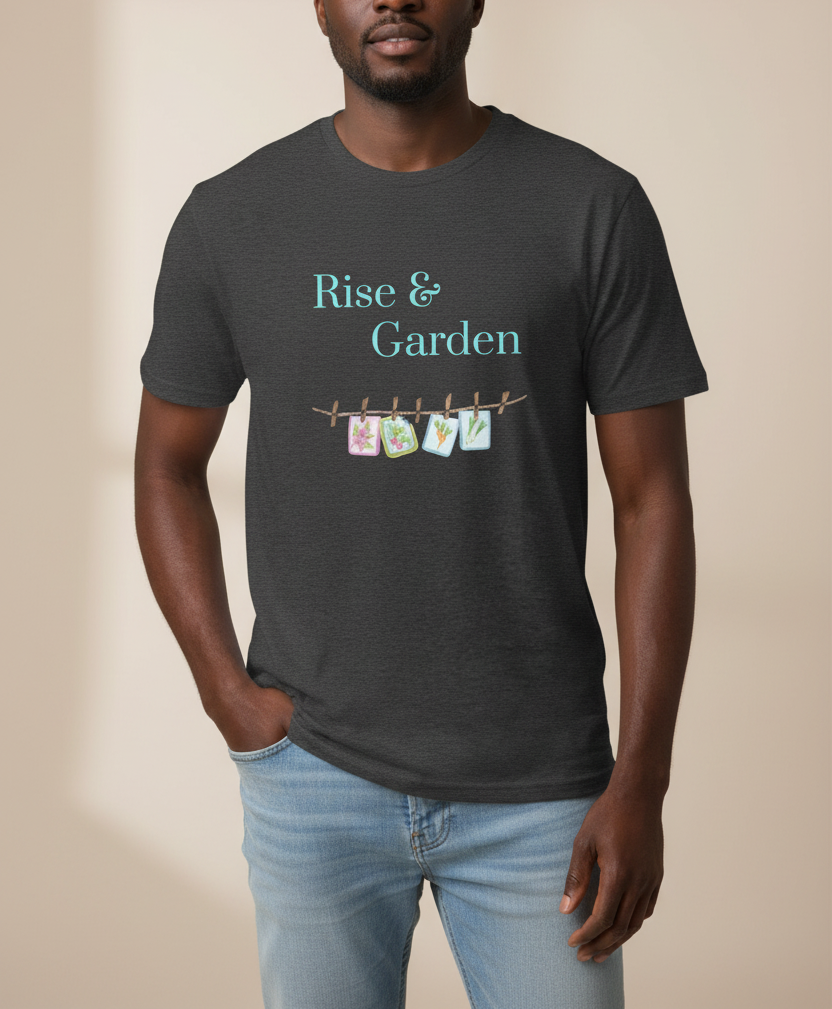 A man wearing a dark charcoal gray t-shirt with a graphic that reads 'Rise & Garden' in light blue, above a string of colorful garden-themed clothespins spelling 'GARDEN'. He is wearing light blue jeans against a solid beige background.