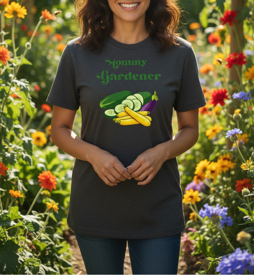 A woman wearing a dark charcoal gray t-shirt with a green 'Mommy Gardener' graphic and vegetable illustration, standing in a colorful garden.