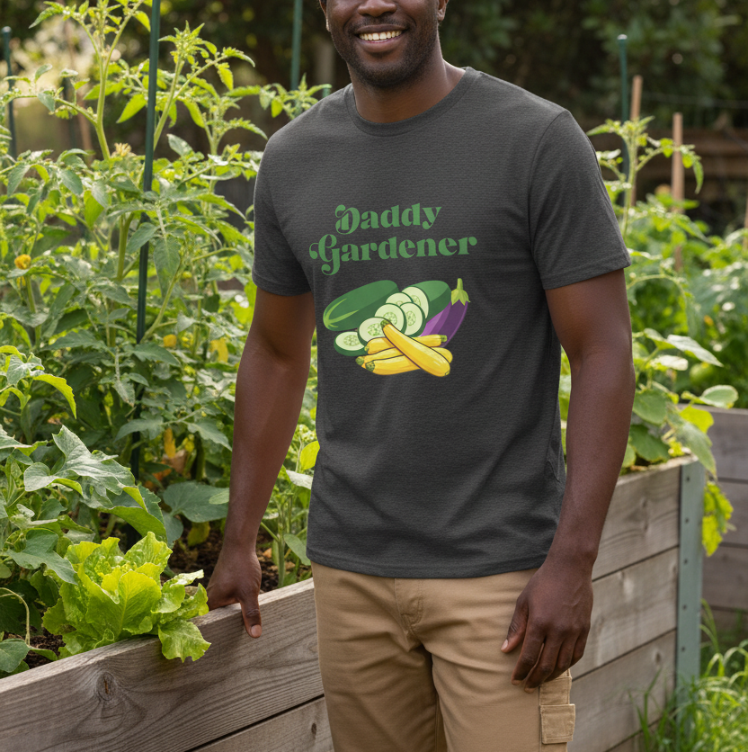 A man wearing a dark gray graphic t-shirt that reads 'Daddy Gardener' with illustrations of vegetables, standing in a garden next to a wooden planter.