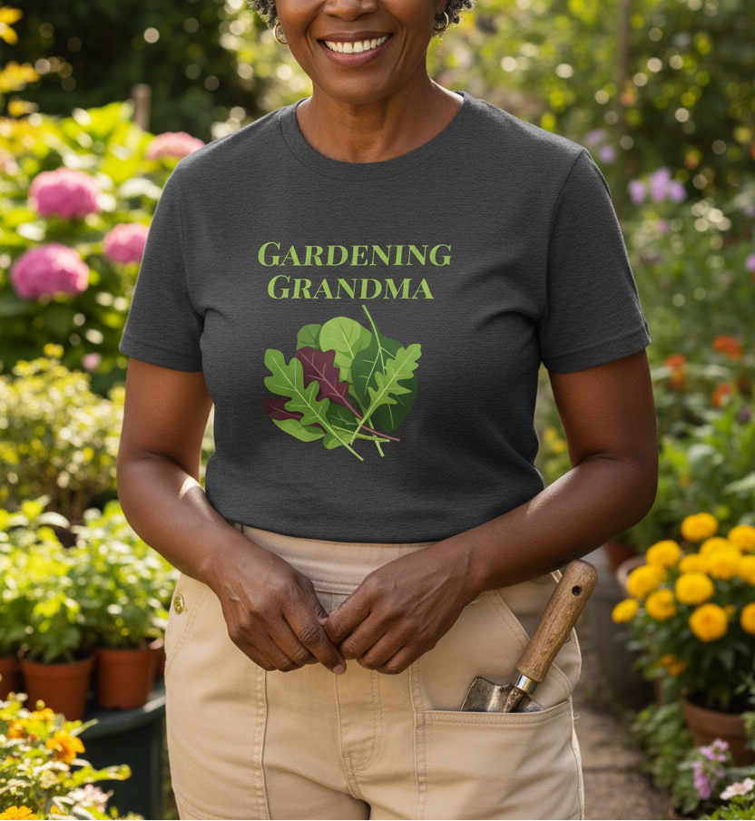 A smiling woman wearing a dark charcoal gray t-shirt with a green graphic that reads 'GARDENING GRANDMA' above an illustration of green and purple baby greens. She is wearing khaki gardening pants with a trowel in her pocket, set against a vibrant, blurred garden background.