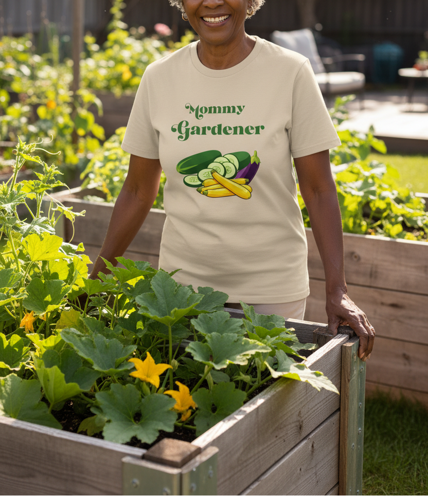 A smiling woman wearing a cream-colored graphic t-shirt stands in a sunny garden next to a wooden raised bed filled with green plants and yellow flowers. The t-shirt features the text 'Yummy Gardener' in green script above an illustration of various vegetables including cucumbers, a yellow corn cob, and an eggplant.