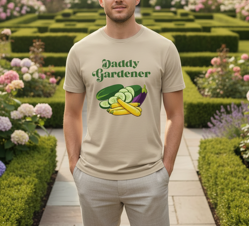A man wearing a beige t-shirt with a 'Daddy Gardener' vegetable graphic, standing in a beautifully manicured garden path.