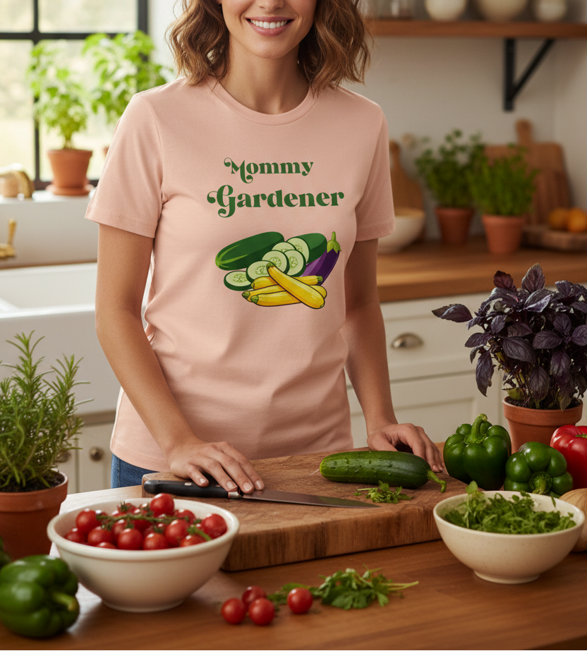 A woman wearing a light pink graphic t-shirt with the text 'Mommy Gardener' and a vegetable illustration, standing in a kitchen behind a wooden cutting board with fresh vegetables.
