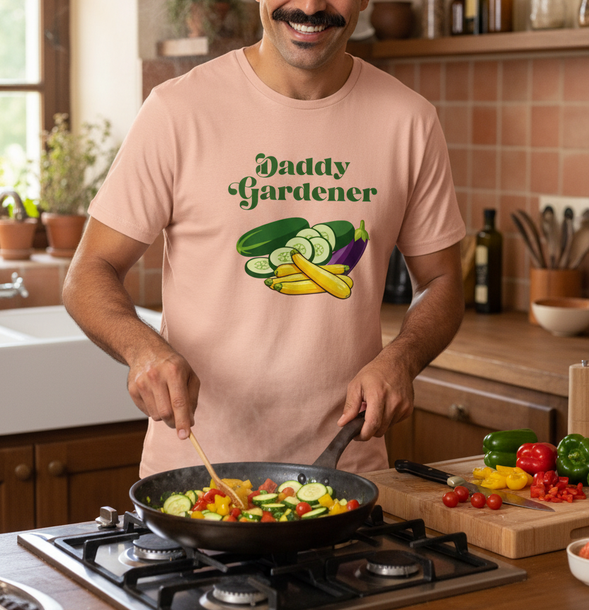 A man wearing a light peach t-shirt with a 'Daddy Gardener' vegetable graphic, cooking vegetables in a pan on a stove in a kitchen setting.