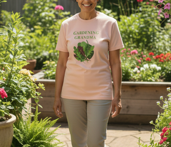 A woman standing in a lush garden wearing a light pink graphic t-shirt that reads 'GARDENING GRANDMA' with a green leaf design, paired with light gray pants.