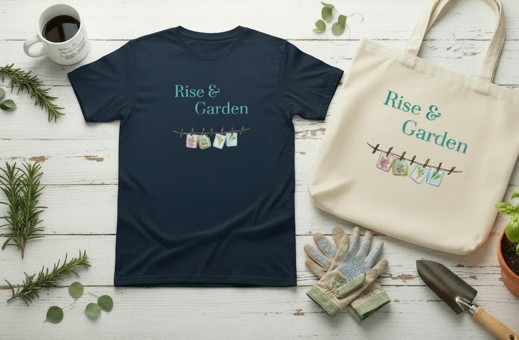 A navy blue t-shirt and a cream canvas tote bag, both printed with the phrase 'Rise & Garden' and a small clothesline graphic, arranged in a styled flat-lay on a white wooden surface with gardening props including gloves, a trowel, a mug, and greenery.