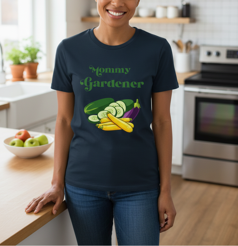 A woman wearing a navy blue graphic t-shirt that reads 'Mommy Gardener' above a colorful vegetable illustration, standing in a kitchen setting.