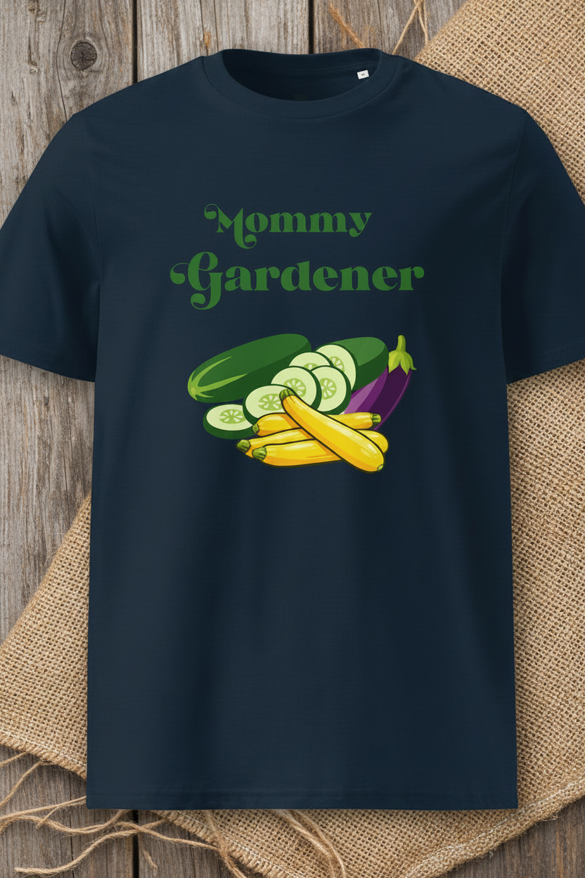 A navy blue short-sleeve t-shirt with a green 'Mommy Gardener' graphic and vegetable illustrations, displayed flat on a rustic burlap and wood background.