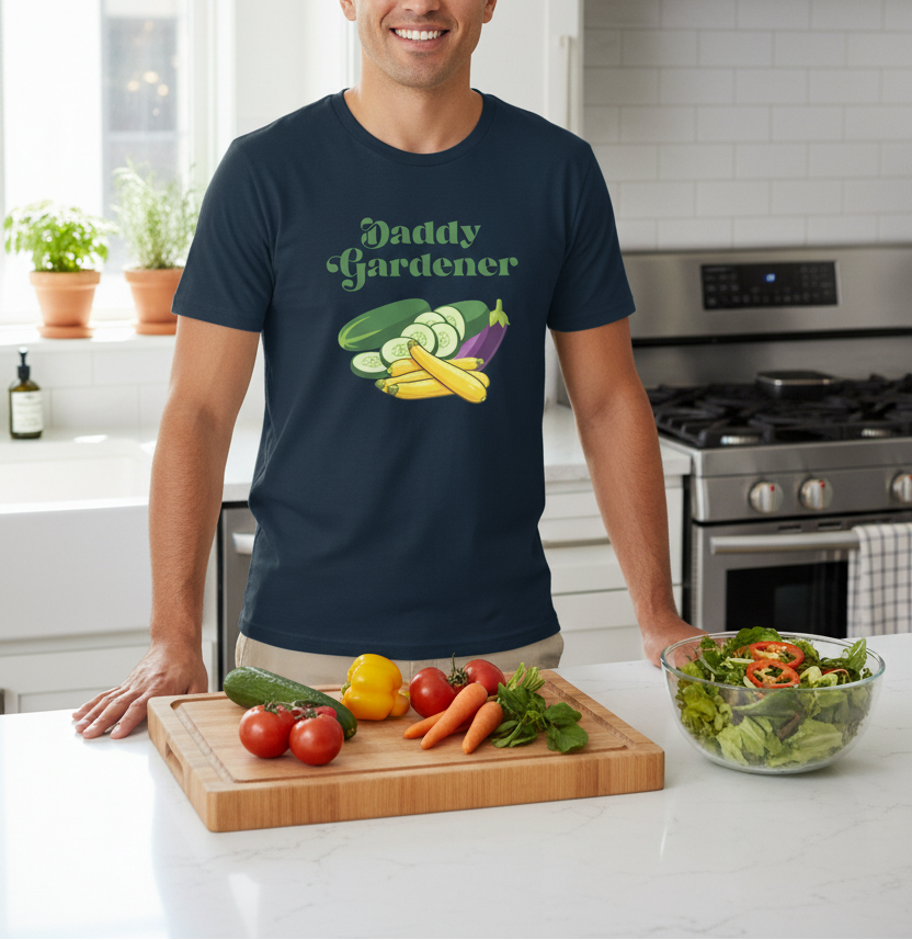 A man wearing a navy blue t-shirt with a 'Daddy Gardener' vegetable graphic stands in a bright kitchen behind a cutting board with fresh vegetables and a bowl of salad.