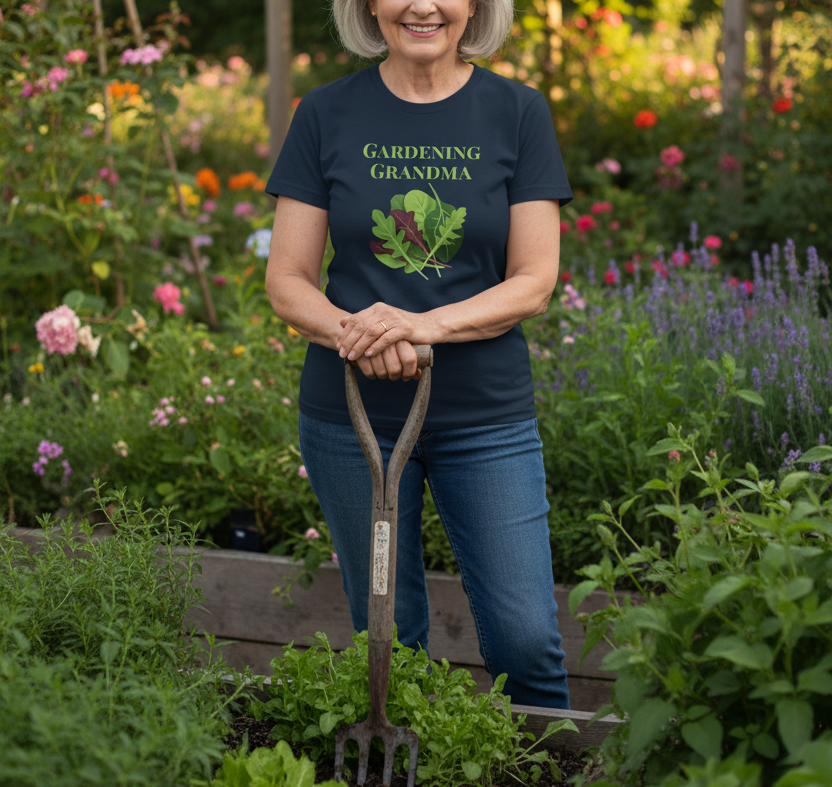 A woman standing in a lush garden wearing a navy blue graphic T-shirt that reads 'GARDENING GRANDMA' with a leafy green illustration, holding a garden fork.