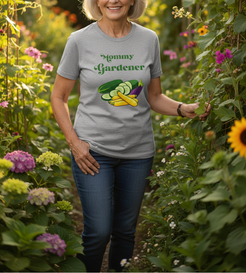 A woman wearing a light gray graphic t-shirt that says 'Mommy Gardener' with vegetable illustrations, standing in a lush garden.
