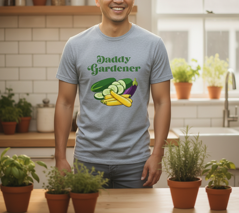 A man wearing a light blue-gray t-shirt with a 'Daddy Gardener' graphic print featuring green, yellow, and purple vegetables, standing in a bright kitchen with potted plants.