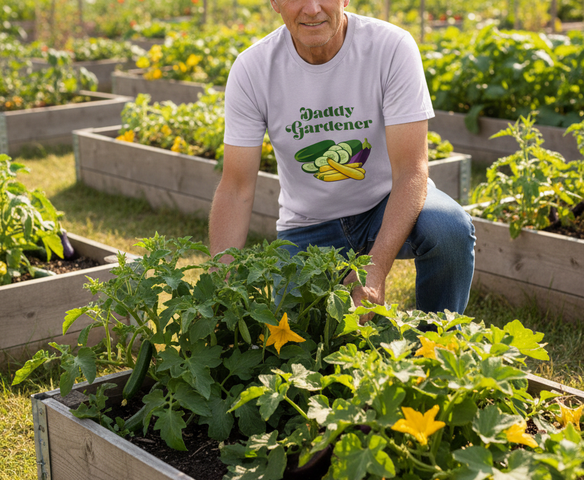 A man kneeling in a raised garden bed wearing a white graphic T-shirt that says 'Daddy Gardener' with a vegetable illustration, surrounded by green plants and yellow flowers in an outdoor garden setting.