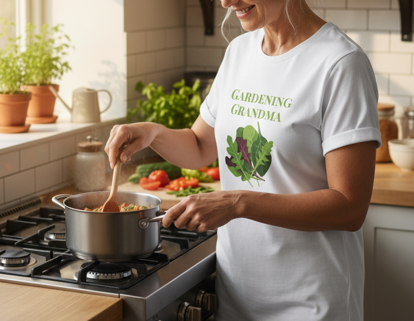 A woman in a kitchen wearing a white graphic T-shirt that reads 'GARDENING GRANDMA' with a green leaf illustration. She is stirring a pot on a gas stove, with fresh vegetables and kitchen items in the background.