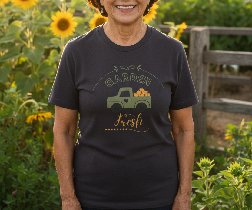 Person wearing a 'Garden Fresh' t-shirt in a sunflower field