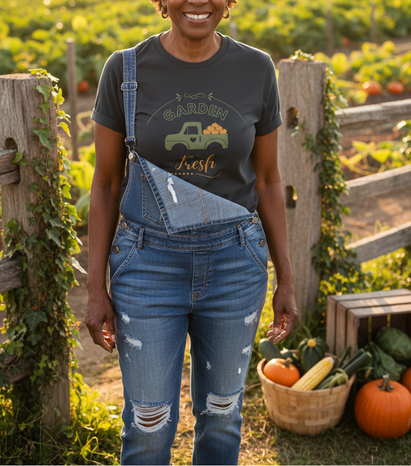 Person wearing a 'Garden Fresh' t-shirt and overalls standing in a garden with pumpkins and vegetables.