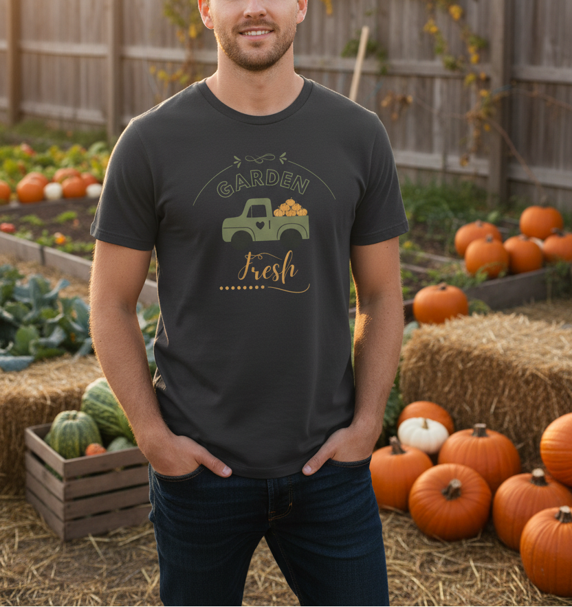 Man wearing a black t-shirt with a graphic design in a garden setting with pumpkins and vegetables.
