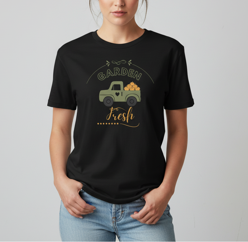 Person wearing a black t-shirt with a graphic of a truck carrying vegetables and the text 'Garden Fresh' on a plain background.