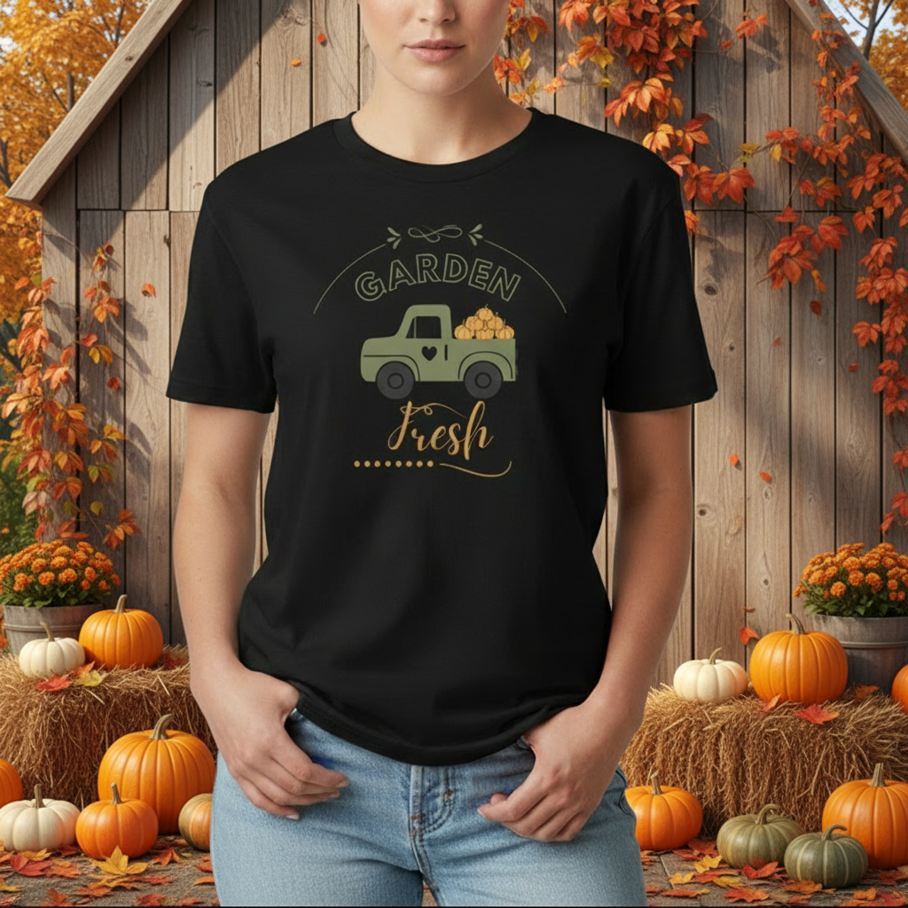 Person wearing a black t-shirt with a truck graphic and 'Garden Fresh' text, standing in front of a wooden wall with autumn decorations.