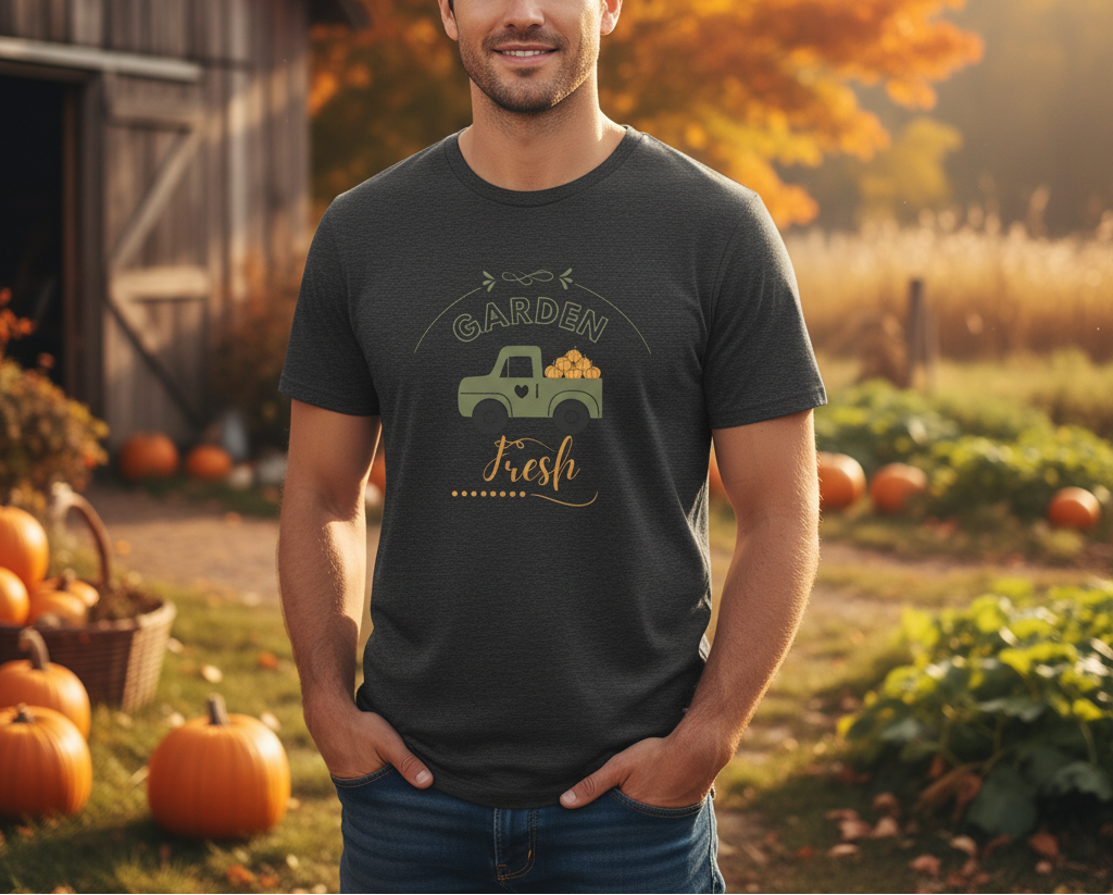 Man wearing a t-shirt with a truck graphic in a pumpkin patch