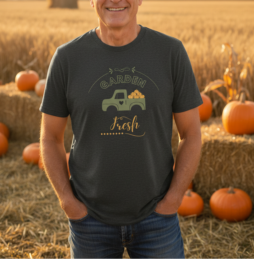 Man wearing a 'Garden Fresh' t-shirt in a pumpkin field