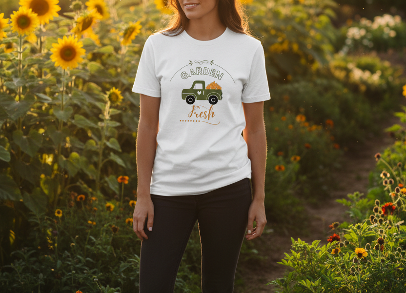 Person wearing a white t-shirt with a graphic design in a sunflower field