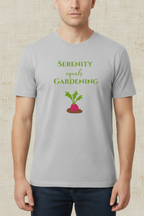 Person wearing a gray t-shirt with a graphic and text 'Serenity equals Gardening' on a white background