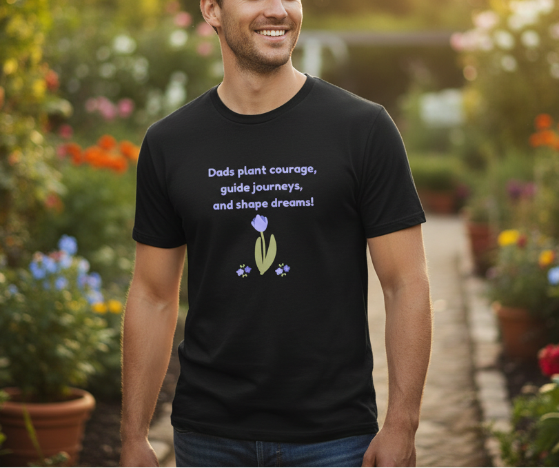 Man wearing a black t-shirt with a floral design and text in a garden setting