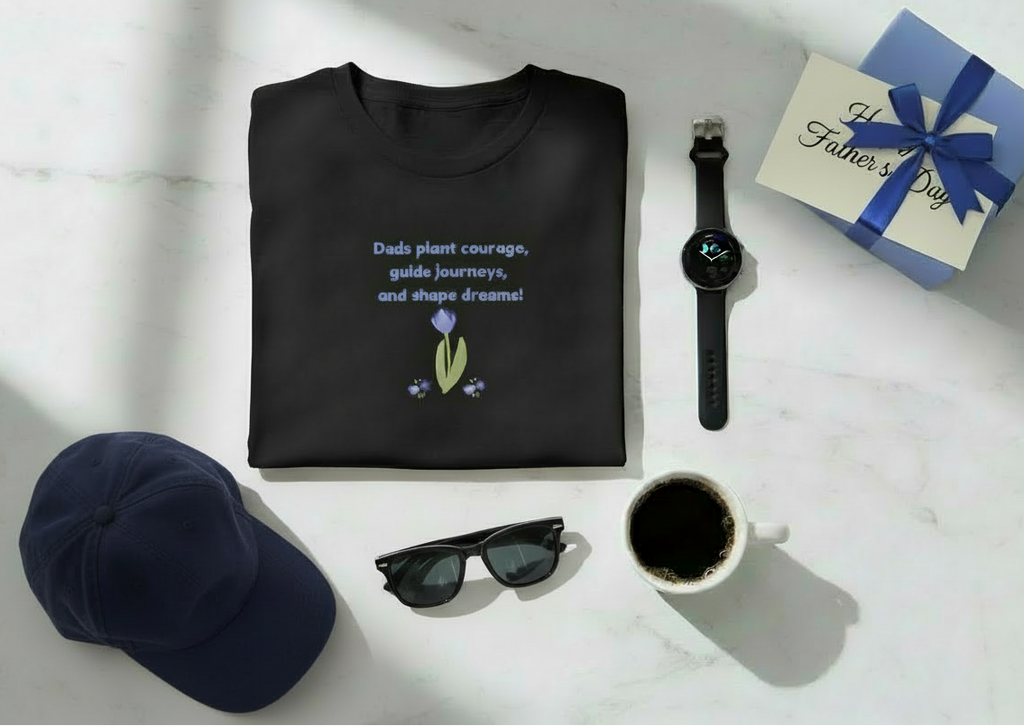 Black t-shirt with text, sunglasses, coffee cup, watch, and cap on a white surface.