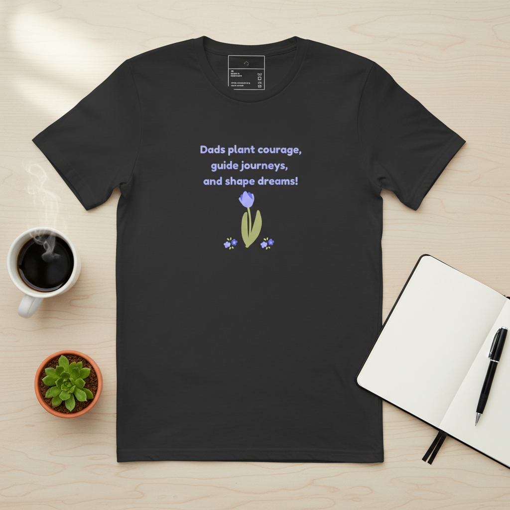 Black t-shirt with a motivational quote and floral design on a wooden surface with a cup of coffee, plant, and notebook.