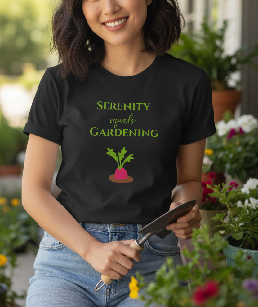 Person wearing a black t-shirt with 'Serenity equals gardening' text and holding a trowel in a garden setting.
