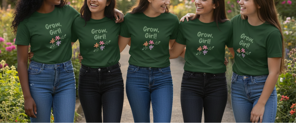 Five women wearing green t-shirts with 'Grow, Girl!' text and floral graphics.