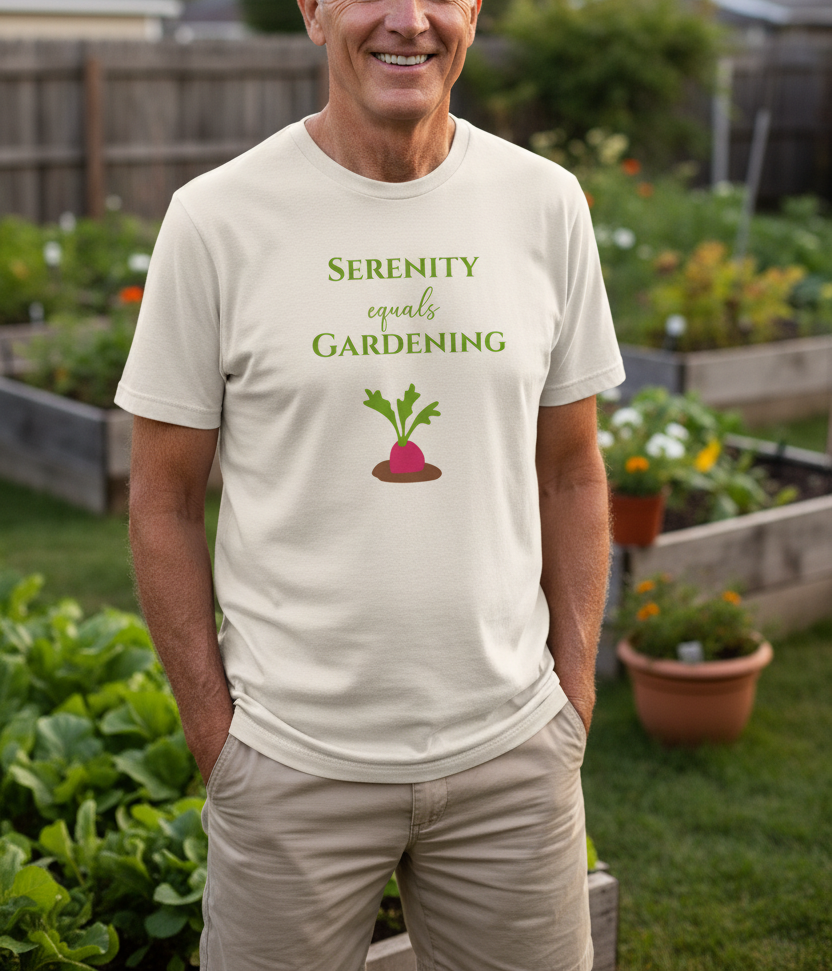 Man wearing a t-shirt with 'Serenity equals Gardening' text and radish graphic in a garden setting.