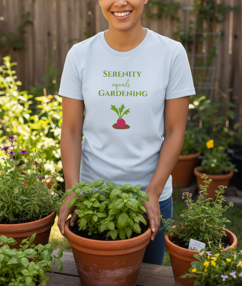 Person wearing a t-shirt with 'Serenity equals gardening' text and holding a potted plant in a garden setting.