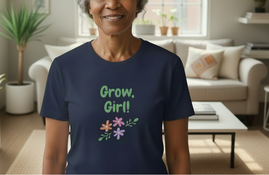 Person wearing a navy blue t-shirt with 'Grow, Girl!' text and floral designs in a living room.
