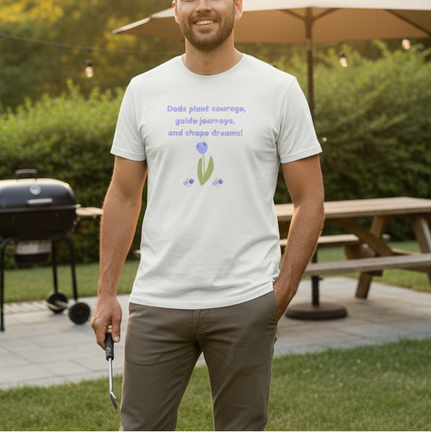 Man wearing a white t-shirt with text and graphics in an outdoor setting