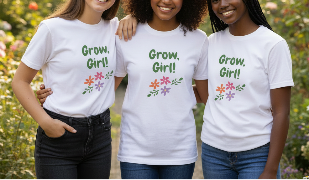Three women wearing white t-shirts with 'Grow, Girl!' text in a garden setting.