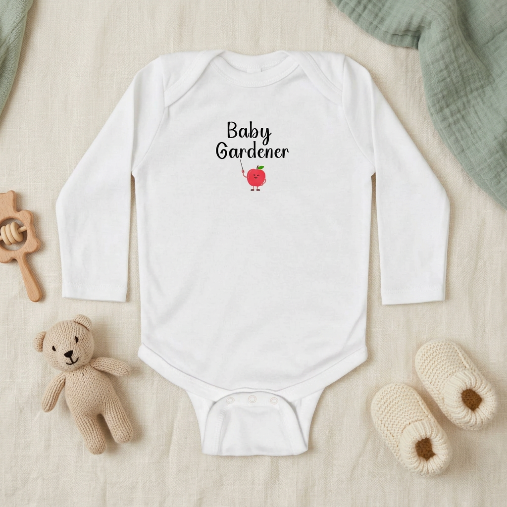 White Baby Gardener Apple Onesie flat lay