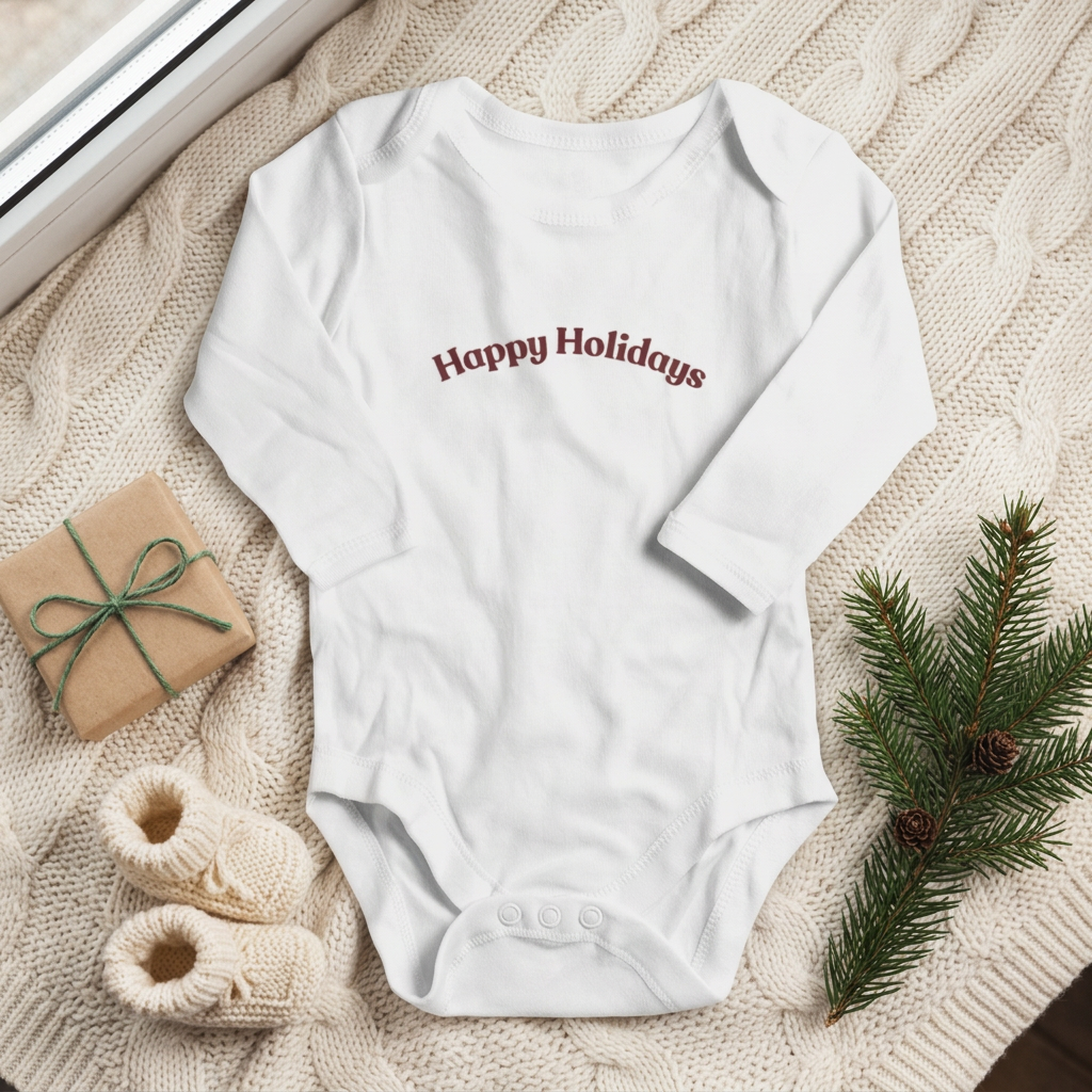 White Happy Holidays flat lay using the sample sleeve shape