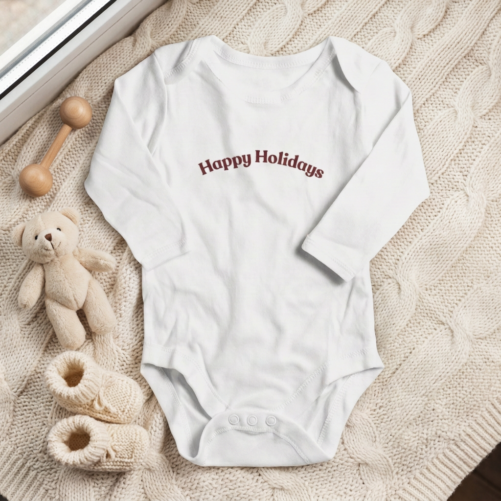 White Happy Holidays onesie with teddy bear and rattle