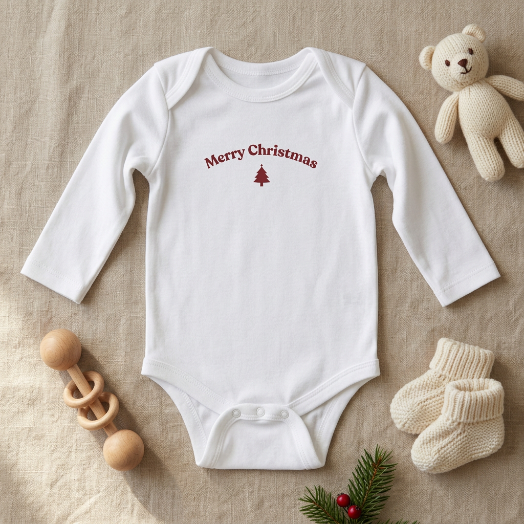 White Merry Christmas onesie with baby accessories
