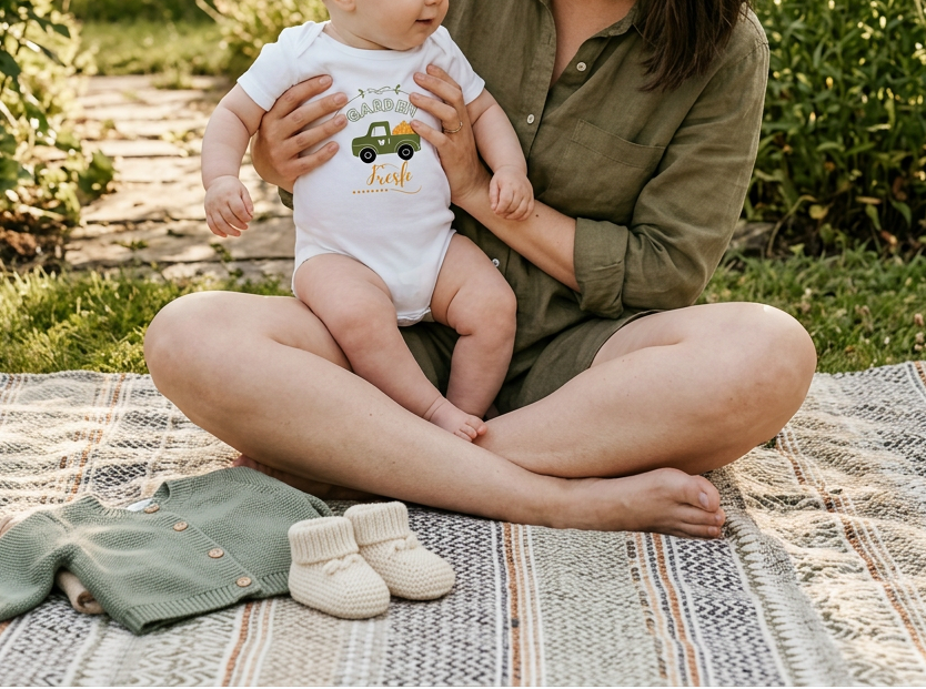 White onesie in garden with coordinating baby garments