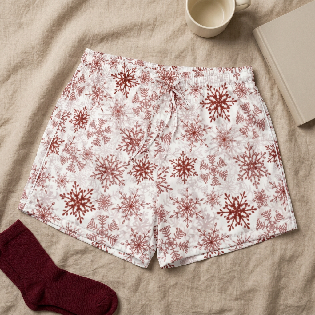 White-piping Red Snowflake shorts styled with cozy items