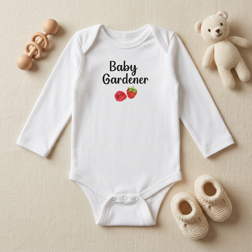 White Raspberry onesie styled flat lay