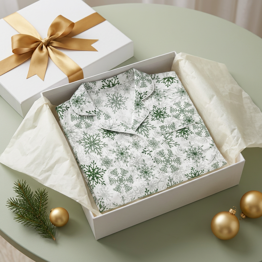 White-trim Green Snowflake short sleeve pajama top in a luxury white gift box